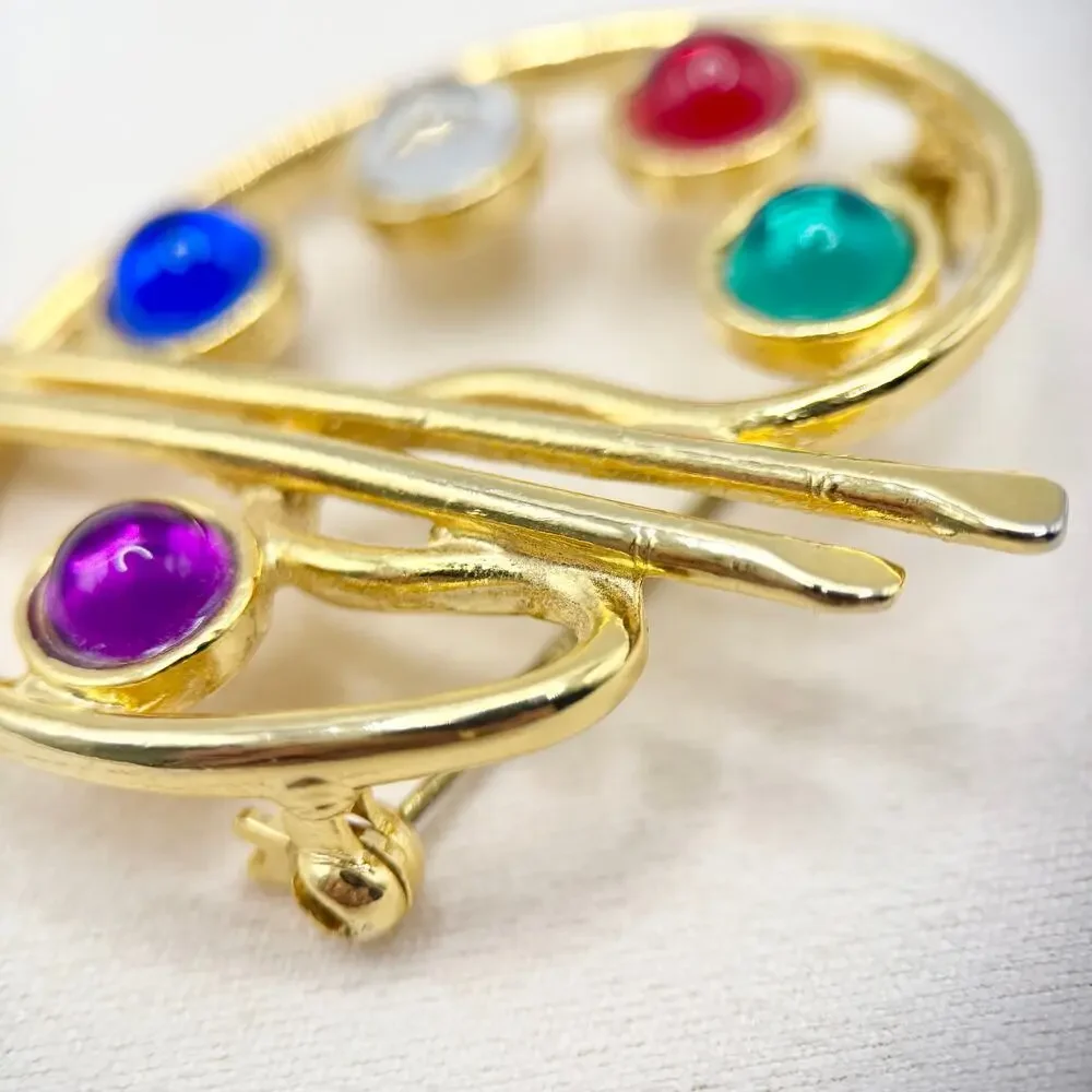 Vintage MJENT VTG Jeweled Gold Tone Artist's Paint Brush Palette Pin Brooch